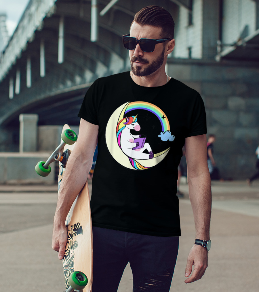 Unicorn Reading Book On Moon With Rainbow And Stars T-Shirt