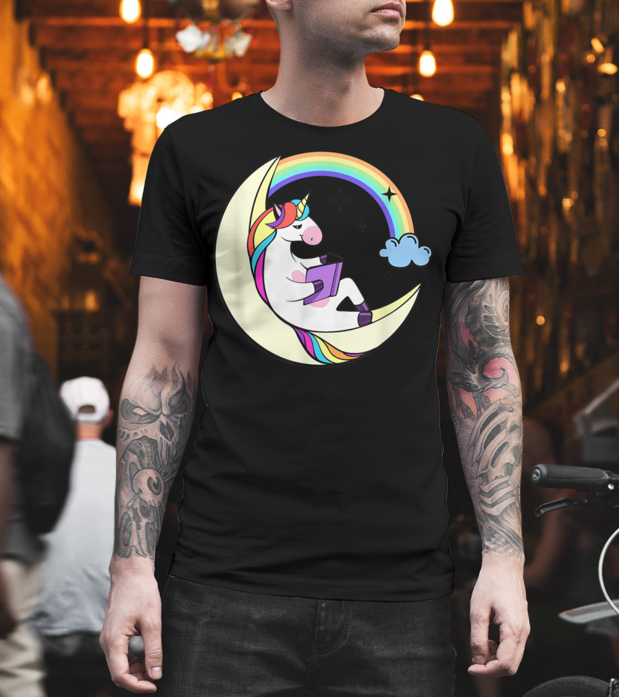 Unicorn Reading Book on Moon with Rainbow and Stars T-Shirt