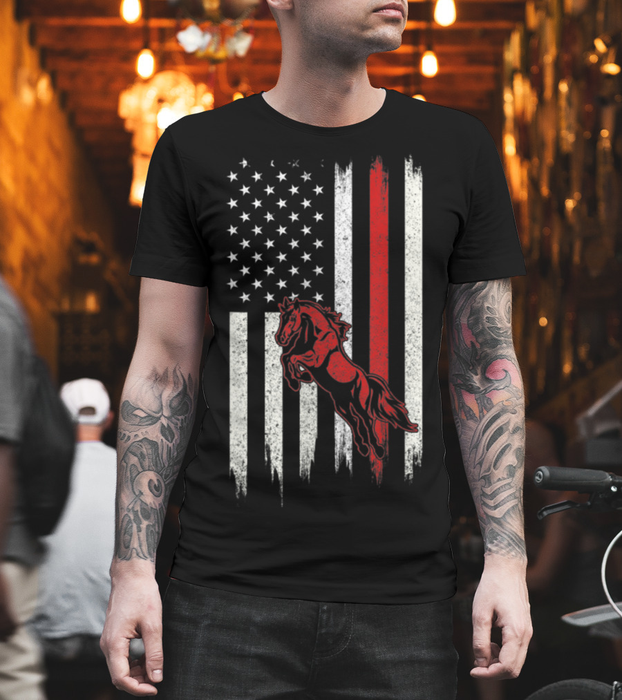 Distressed American Flag With Red Horse T-Shirt