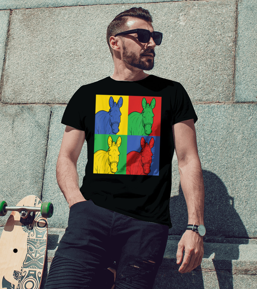Donkey Pop Art Horse Colorful Four Panel T-Shirt