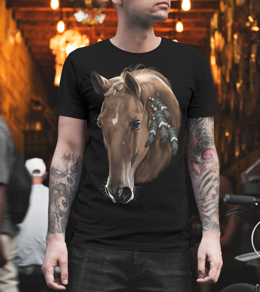 Cute Brown Tribal Horse with Feather Adornments T-Shirt