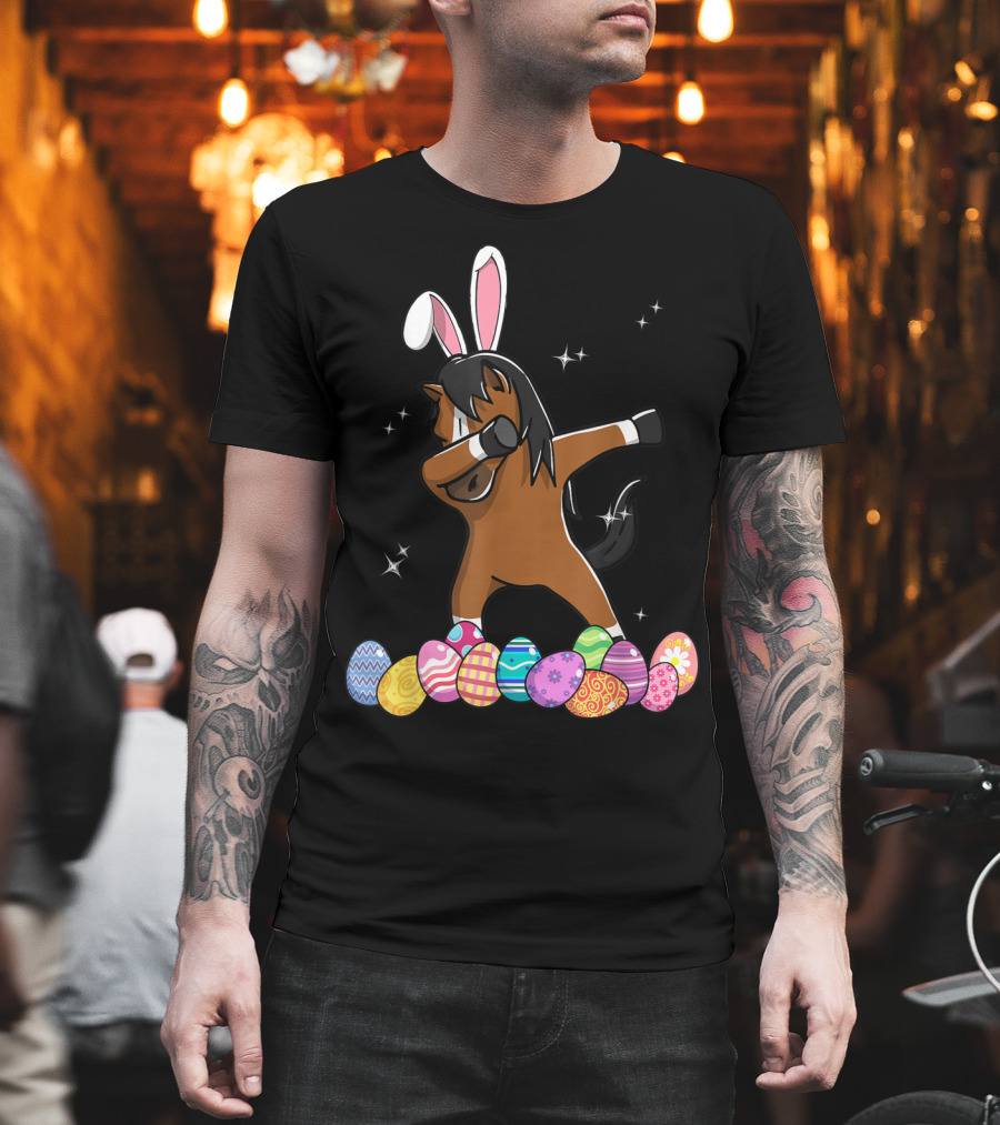 Dabbing Horse with Bunny Ears and Colorful Easter Eggs T-Shirt