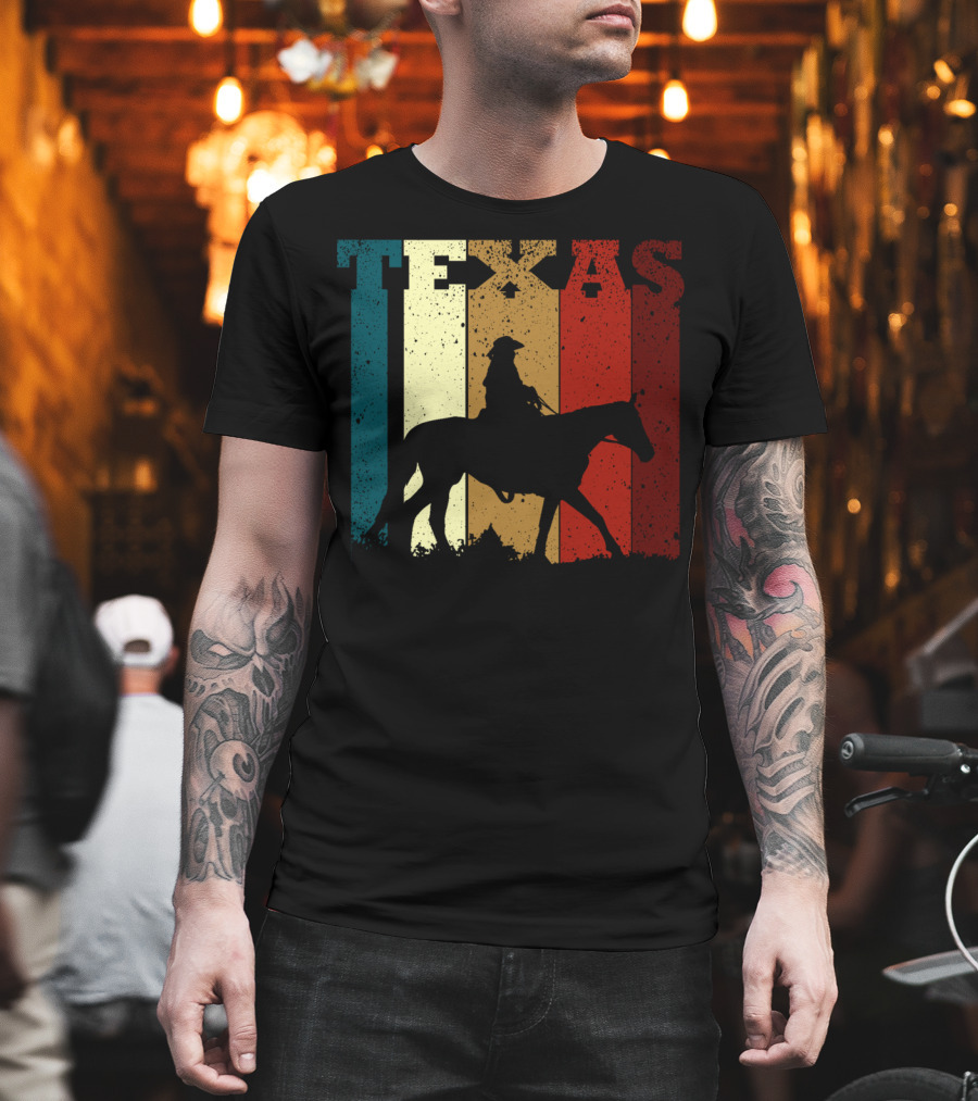 Texas Vintage Cowboy Horse Silhouette Distressed Stripes T-Shirt