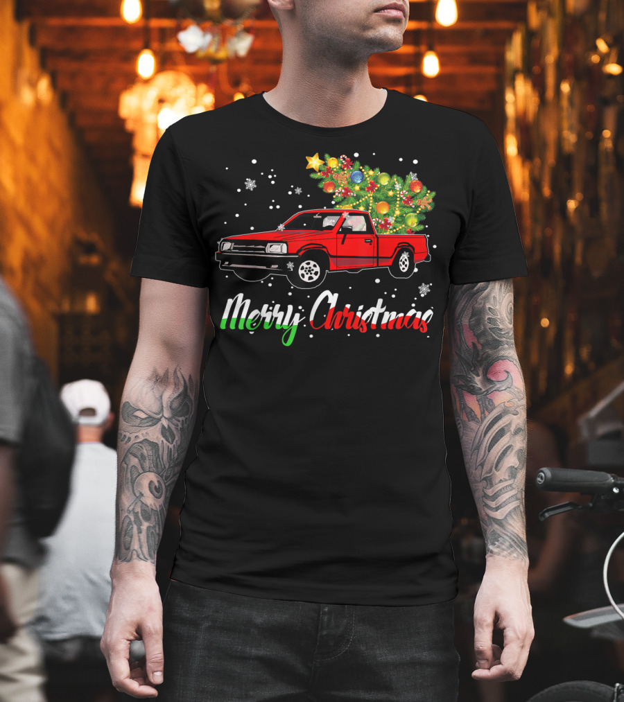 Merry Christmas Classic Old Red Truck with Christmas Tree and Snowflakes T-Shirt