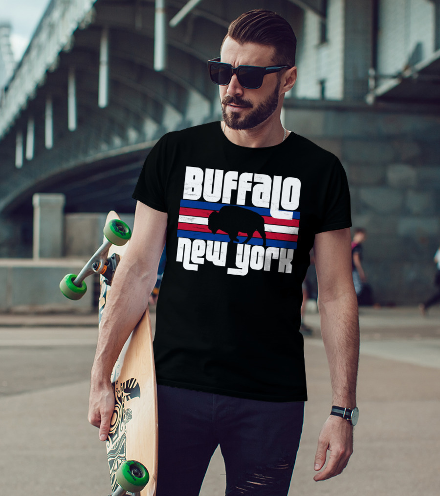 Buffalo New York Bison Silhouette Retro Stripes T-Shirt