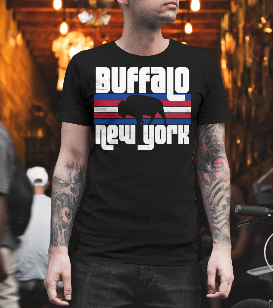 Buffalo New York Bison Silhouette Retro Stripes T-Shirt