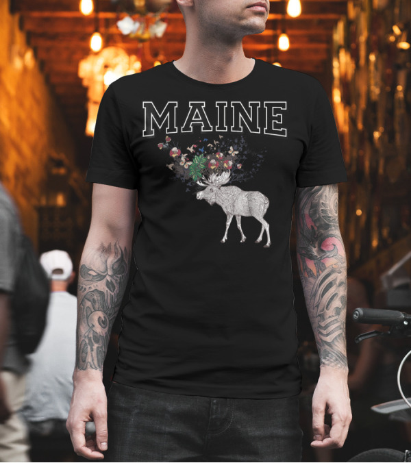 Maine Moose with Floral Antlers T-Shirt Maine Moose with Floral Antlers T-Shirt