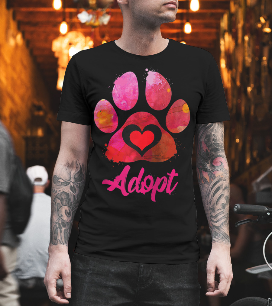 Adopt Love Watercolor Heart Paw Rescue Animal Lover T-Shirt