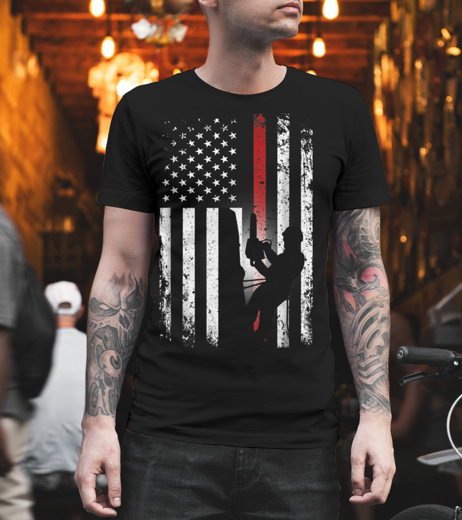 Patriotic Arborist Distressed American Flag With Climber And Chainsaw T-Shirt