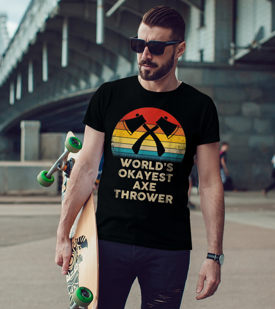 World's Okayest Axe Thrower Retro Axes Crossed Sunset T-Shirt