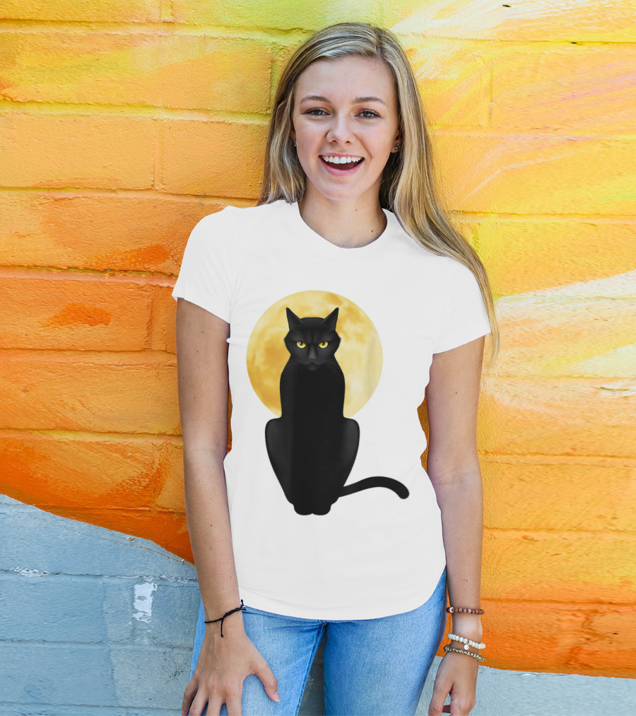 Black Cat Yellow Eyes Full Moon T-Shirt