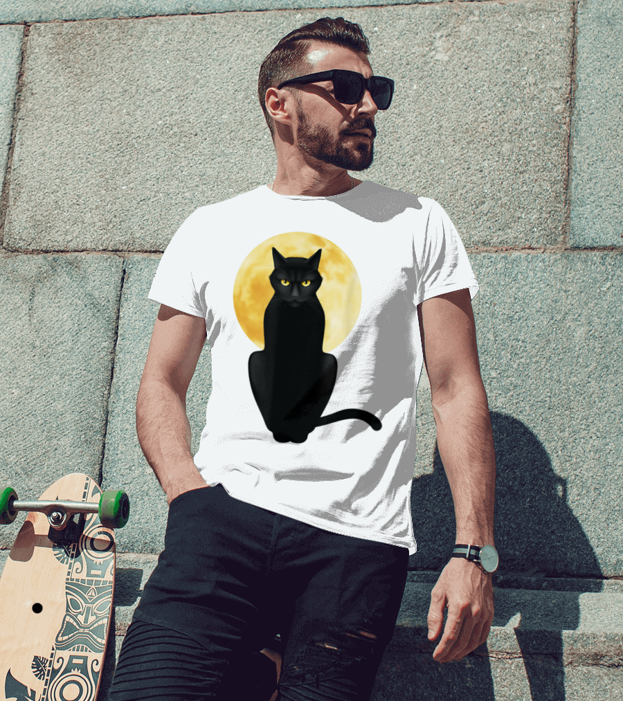Black Cat Yellow Eyes Full Moon T-Shirt