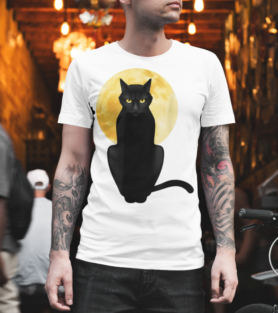Black Cat Yellow Eyes Full Moon T-Shirt