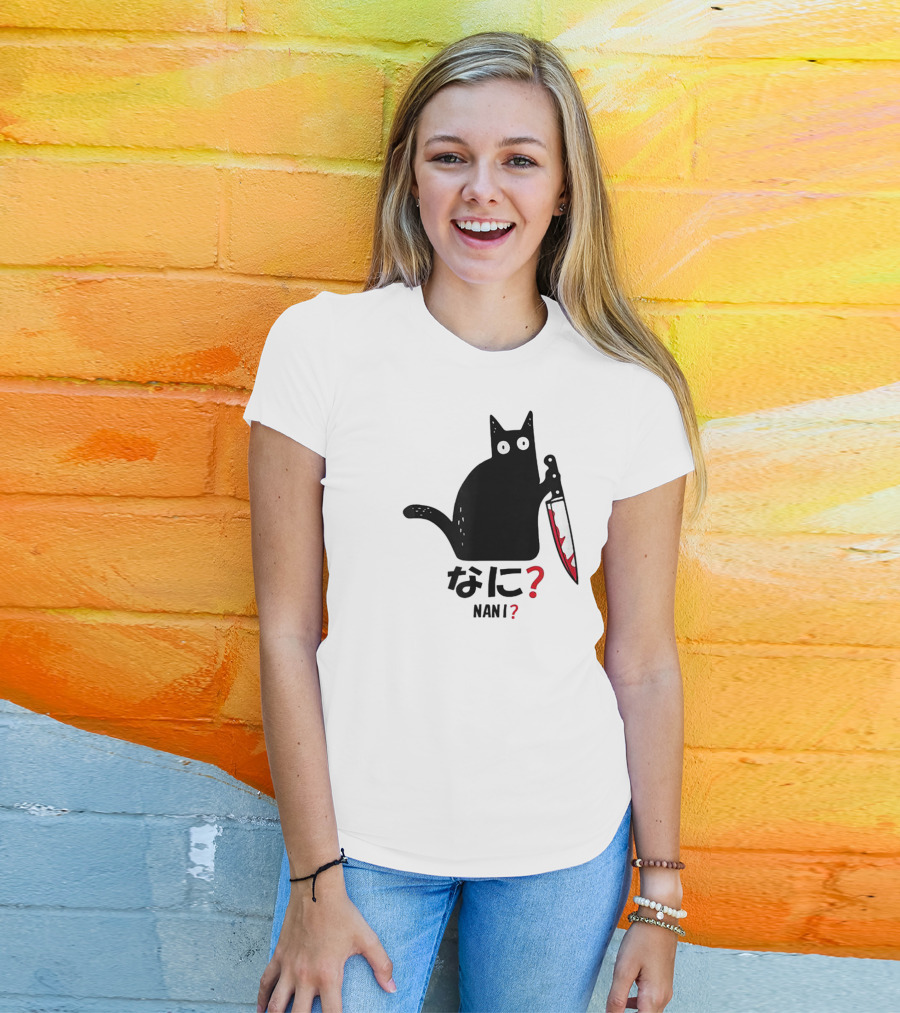 Nani What Murderous Black Cat With Knife Kanji T-Shirt
