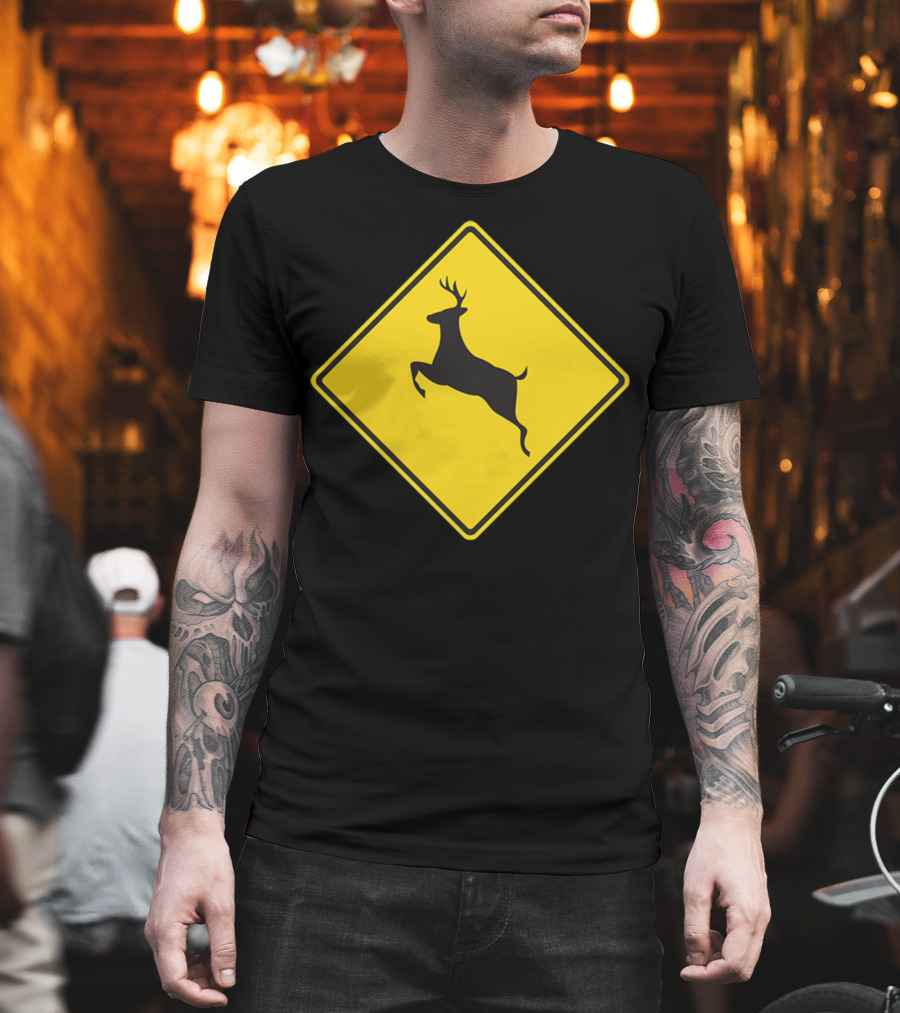 Yellow Deer Crossing Road Sign T-Shirt