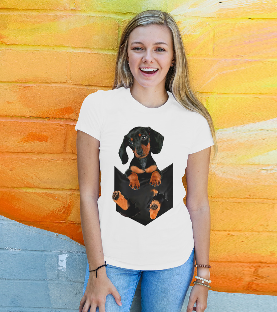 Doxie Dachshund Puppy Dog In Pocket T-Shirt