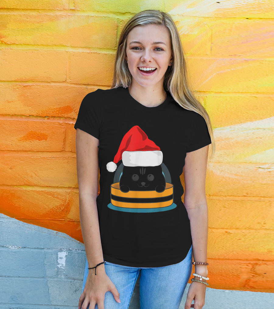 Cute Black Cat In Santa Hat Sitting Inside Orange And Black Barrel T-Shirt