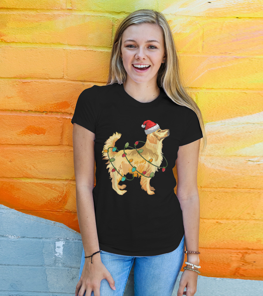 Golden Retriever With Christmas Lights And Santa Hat T-Shirt