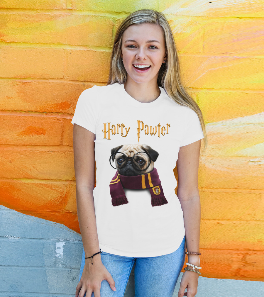 Harry Pawter Cute Puggy Dogs Potte Pups Wizard Pug With Glasses And Scarf T-Shirt