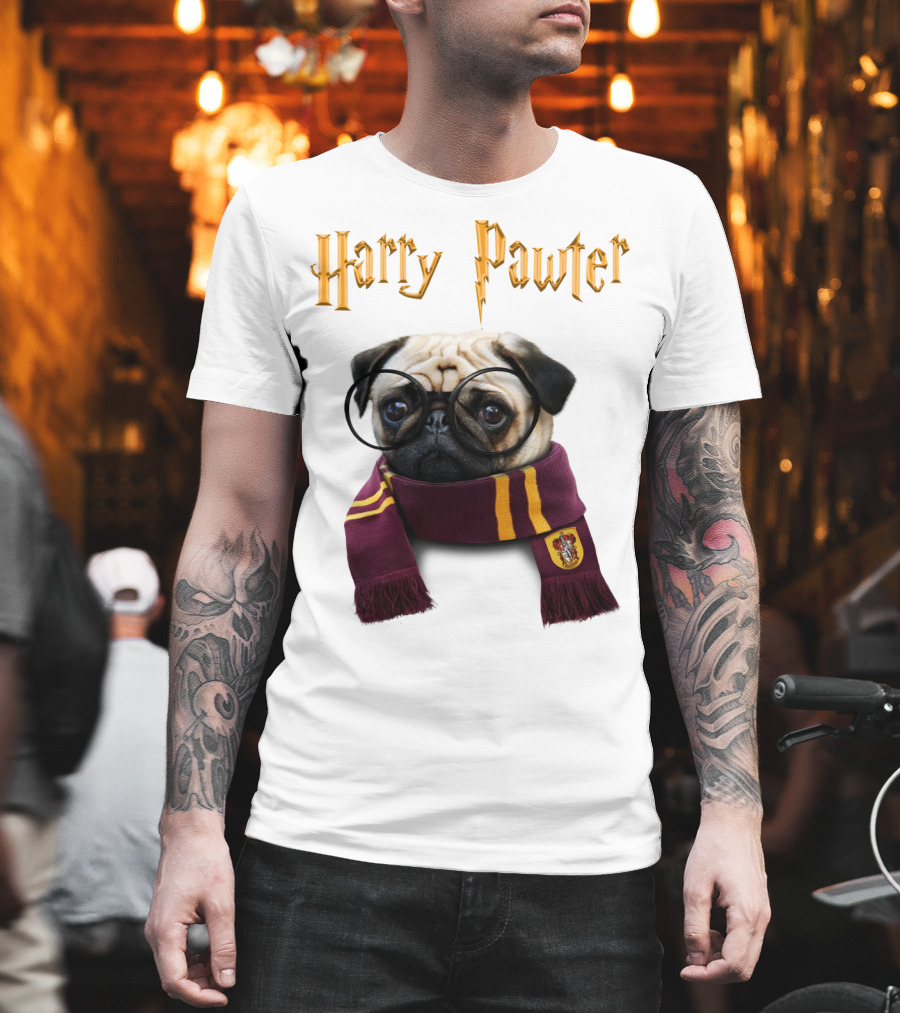 Harry Pawter Cute Puggy Dogs Potte Pups Wizard Pug With Glasses and Scarf T-Shirt