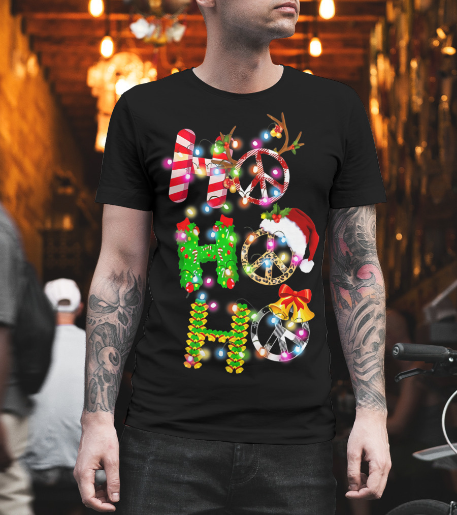 Ho Ho Ho Christmas Light Peace Sign Reindeer Santa Hat T-Shirt