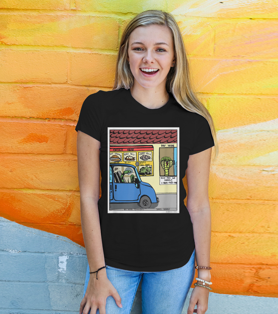 Hungry Snake Drives Through Reptile Lover Comic With Rat Sandwich And Frogs Legs T-Shirt