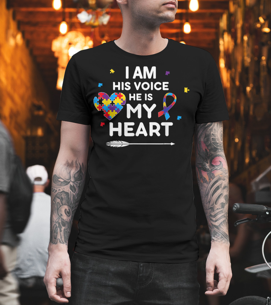 I Am His Voice He Is My Heart Puzzle Piece Ribbon Autism Awareness T-Shirt