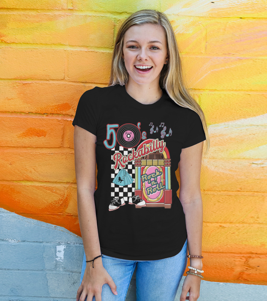 50's Rock N Roll Rockabilly Jukebox And Checkered Dance Floor T-Shirt