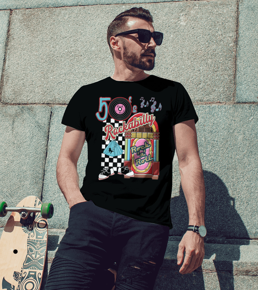 50's Rock N Roll Rockabilly Jukebox And Checkered Dance Floor T-Shirt
