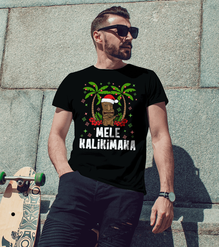 Mele Kalikimaka Santa Tiki Hawaiian Christmas Palms T-Shirt