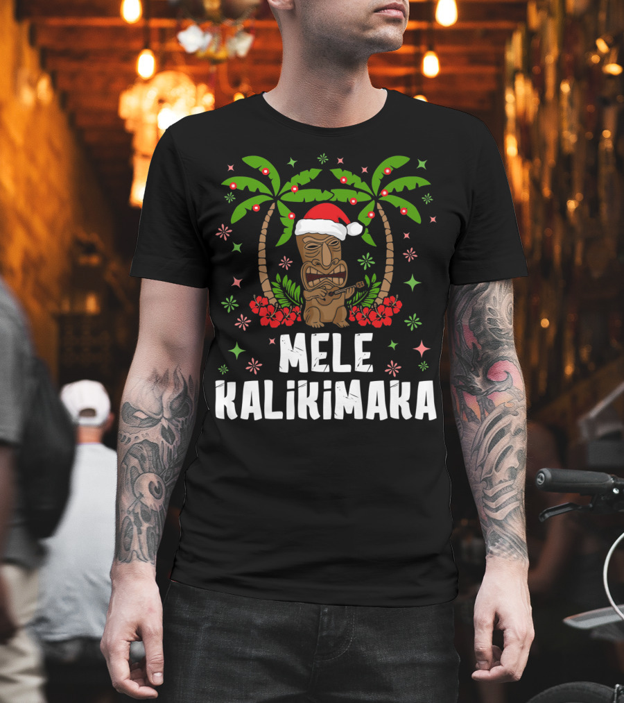 Mele Kalikimaka Santa Tiki Hawaiian Christmas Palms T-Shirt