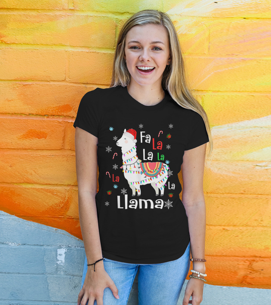 Fa La La Llama Llama Christmas Lights And Santa Hat With Candy Canes Snowflakes And Presents T-Shirt