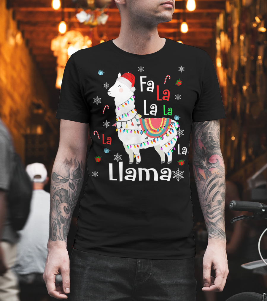 Fa La La Llama Llama Christmas Lights and Santa Hat with Candy Canes Snowflakes and Presents T-Shirt