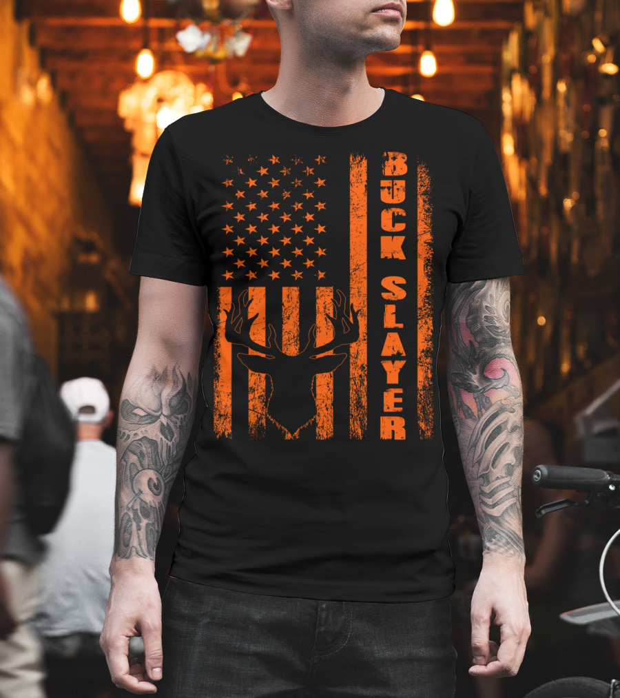 Buck Slayer Blaze Orange Deer American Flag T-Shirt