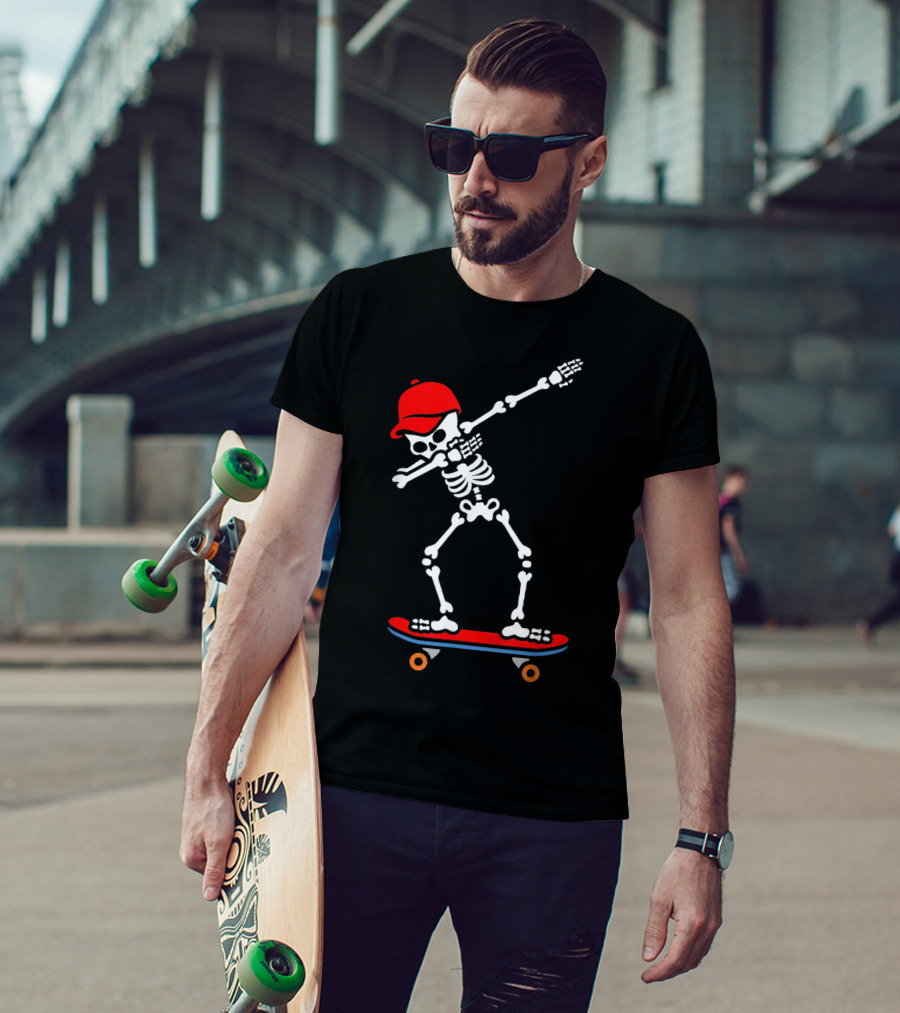 Dabbing Skeleton In Red Cap On Skateboard T-Shirt