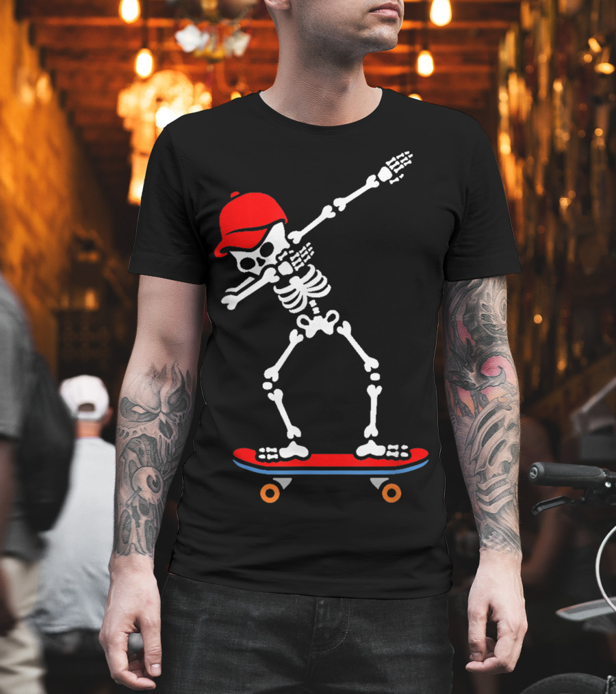 Dabbing Skeleton in Red Cap on Skateboard T-Shirt