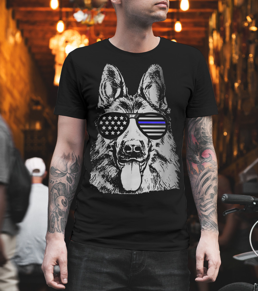 K9 Police Officer Dog Thin Blue Line Stars and Stripes Sunglasses T-Shirt