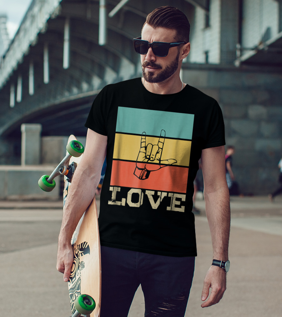 ASL Love Vintage Hand Sign Retro Color Blocks T-Shirt