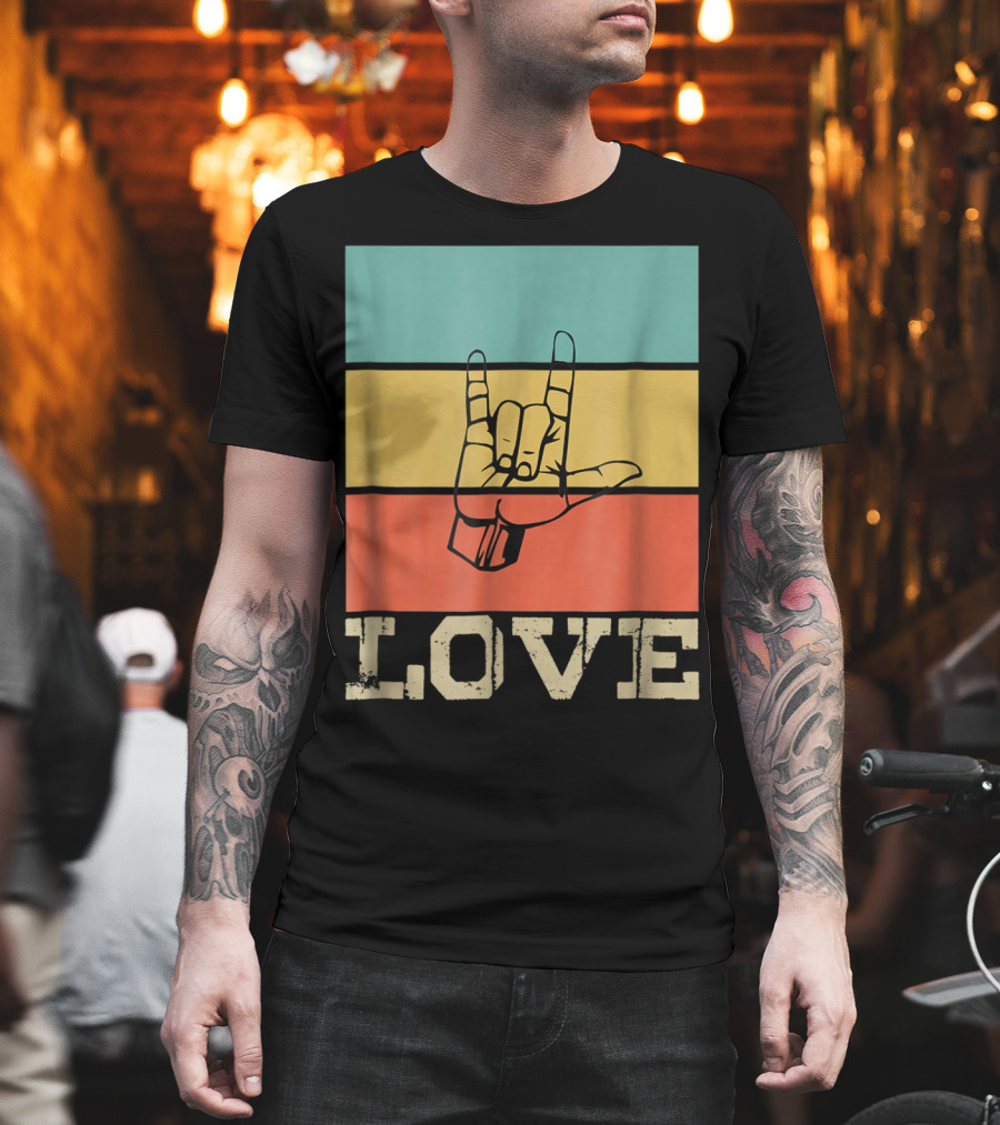 ASL Love Vintage Hand Sign Retro Color Blocks T-Shirt