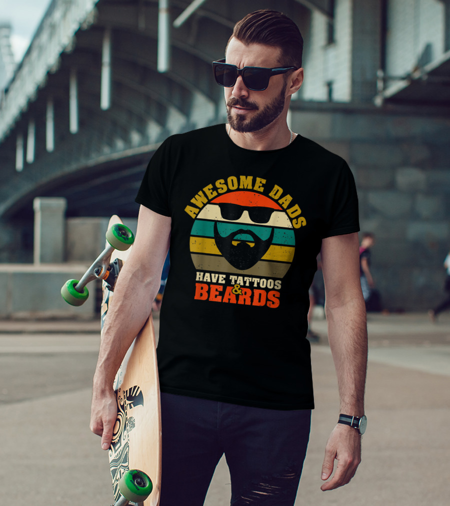 Awesome Dads Have Tattoos And Beards Retro Stripes Beard Sunglasses T-Shirt