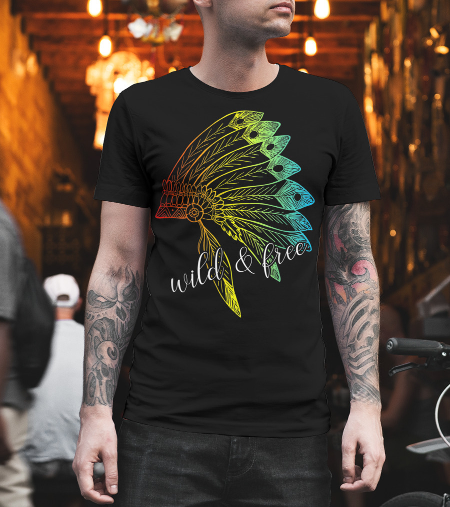 Wild and Free Colored Native American Headdress USA T-Shirt