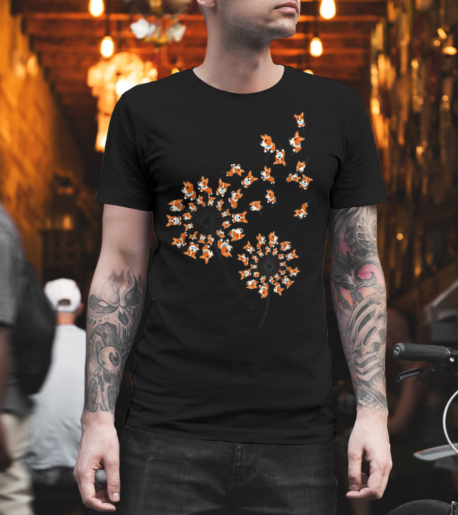 Corgi Dandelion Flower Pattern Multiple Corgis T-Shirt