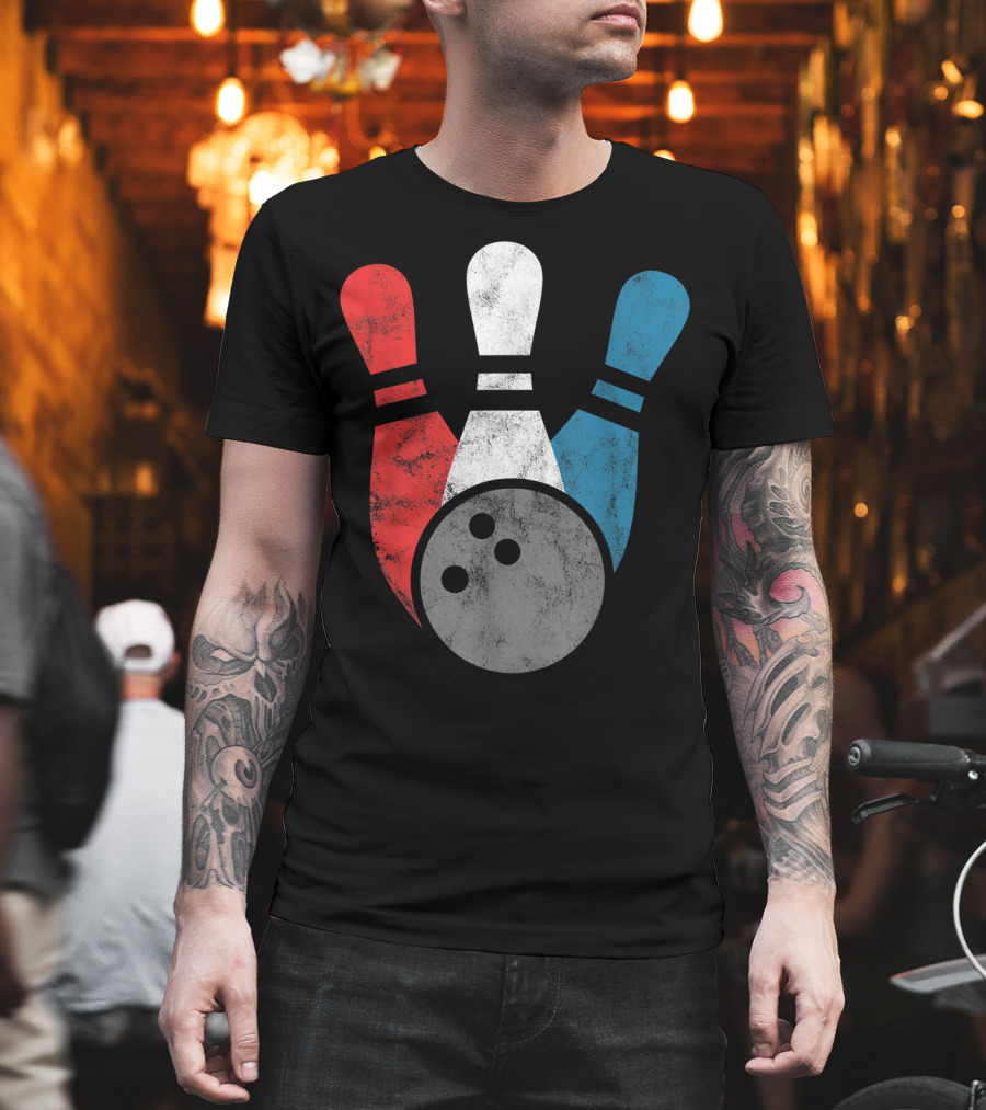 Distressed Red White Blue Bowling Pins with Bowling Ball T-Shirt