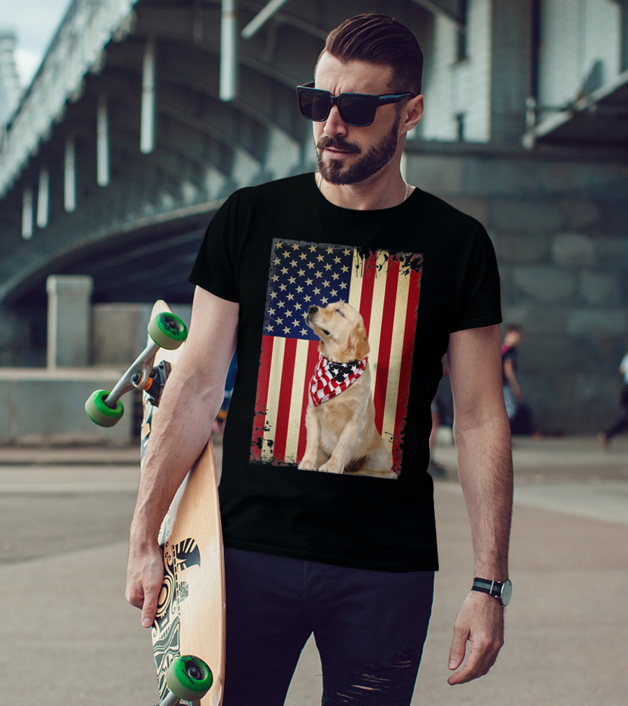 Golden Retriever Smiling American Flag Bandana T-Shirt