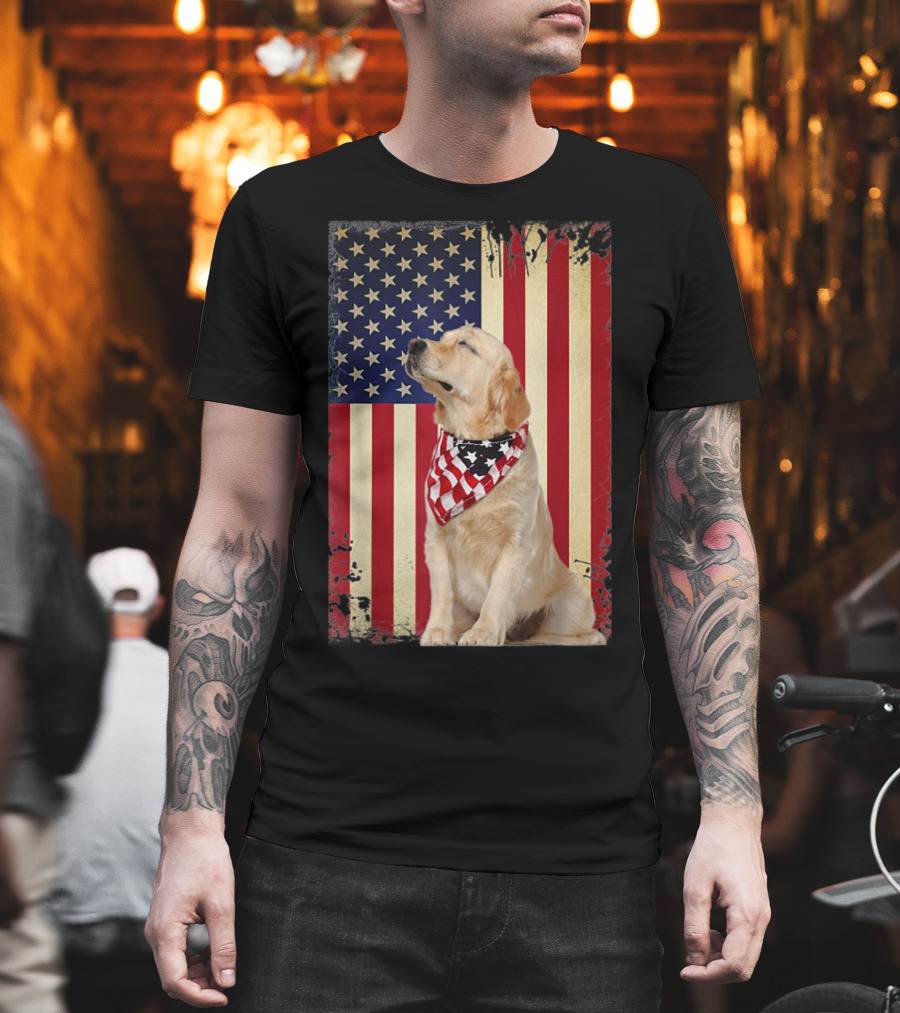 Golden Retriever Smiling American Flag Bandana T-Shirt