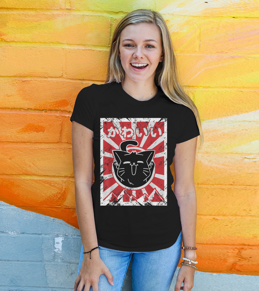 Kawaii Anime Cute Japanese Cat With Red Rising Sun Background T-Shirt