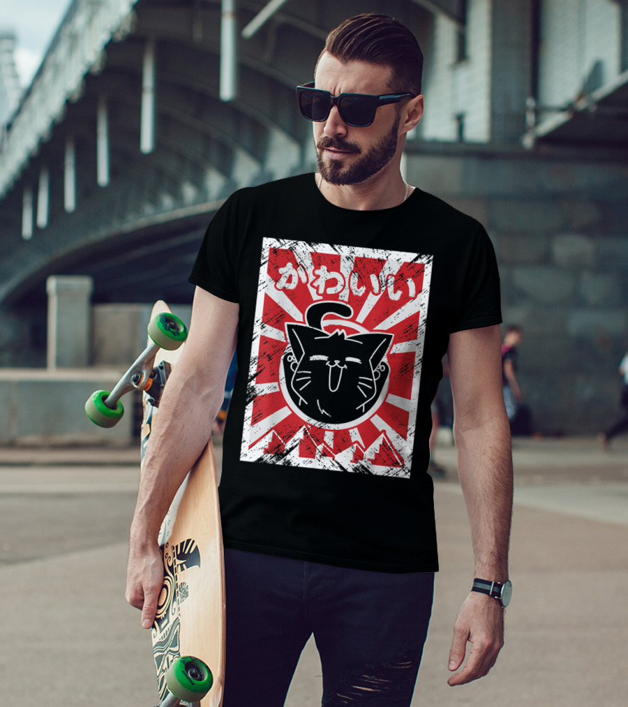 Kawaii Anime Cute Japanese Cat With Red Rising Sun Background T-Shirt