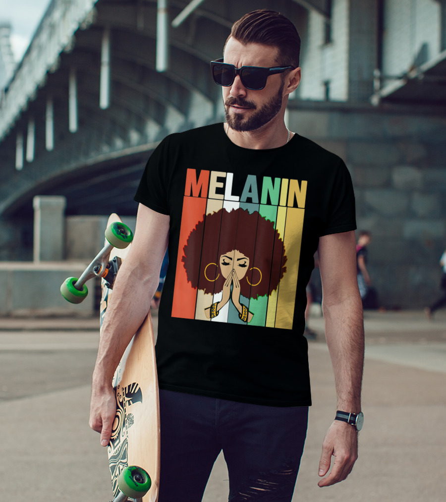 Melanin Vintage Black Afro Woman Prayer Hands Golden Hoop Earrings T-Shirt