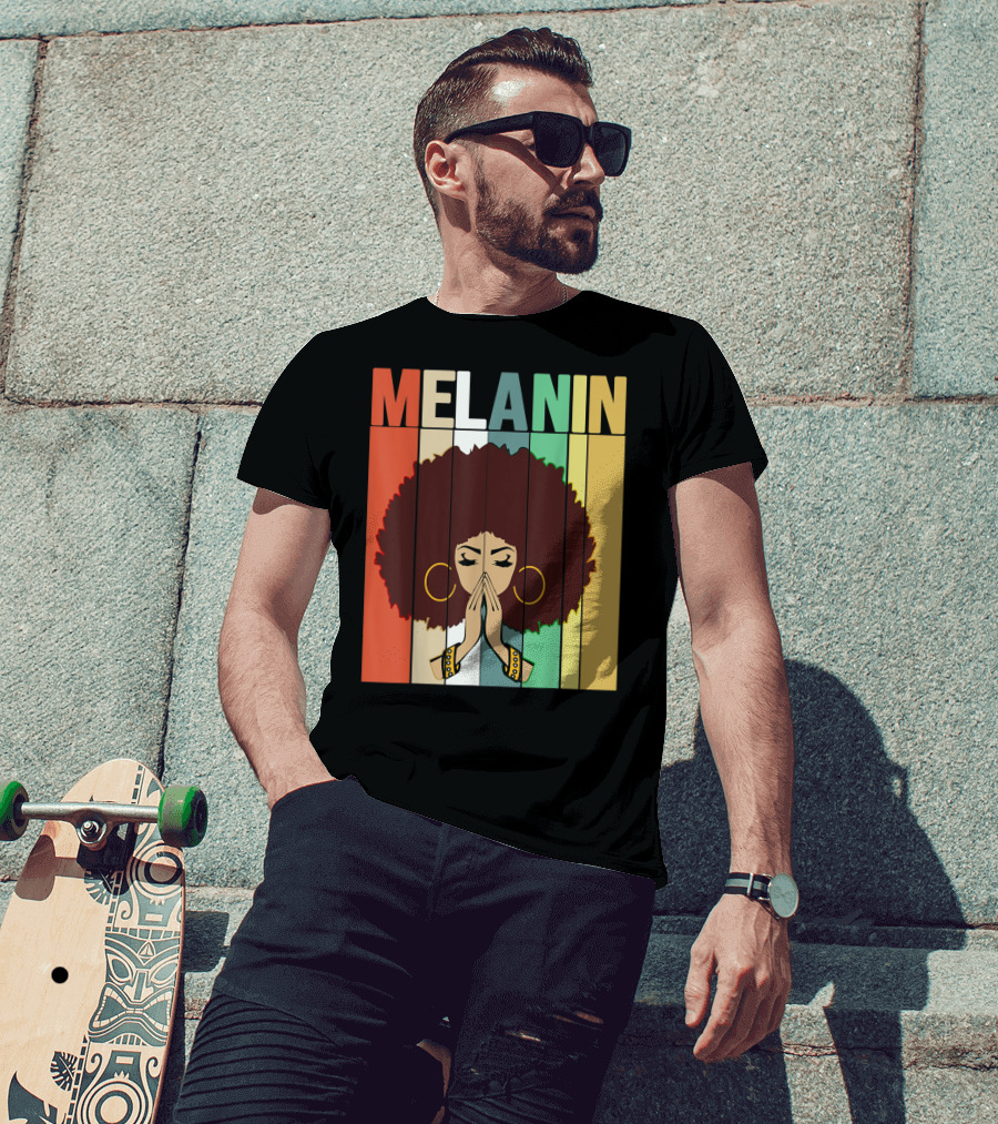 Melanin Vintage Black Afro Woman Prayer Hands Golden Hoop Earrings T-Shirt