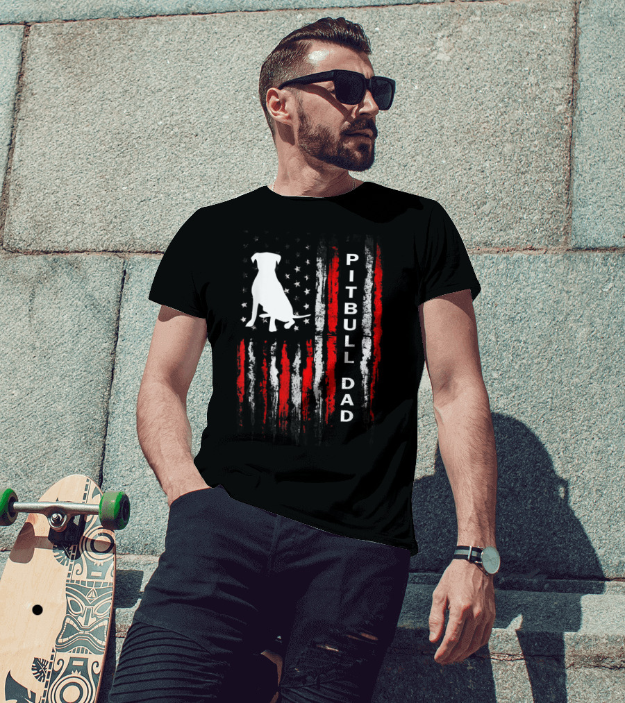 Mens Pitbull Dad American Flag Bully Dog T-Shirt